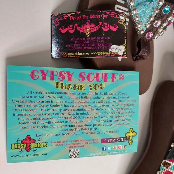 New Gypsy Soule Flip Flop Sandals Swarovski Crystals Sz 10 Brown Blue Aztec Box - Picture 12 of 16